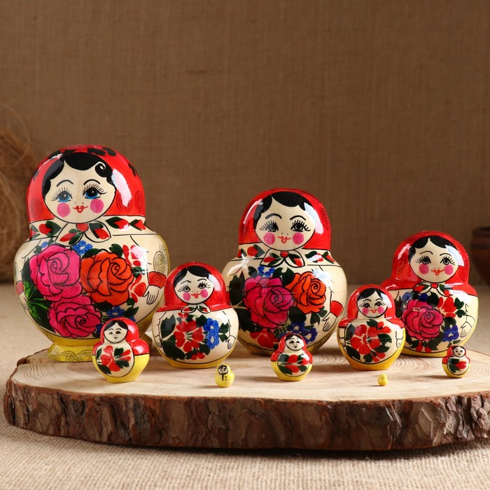 

Матрёшка «Пышечки», красный платок, 10 кукольная, 12-14 см, ручная работа