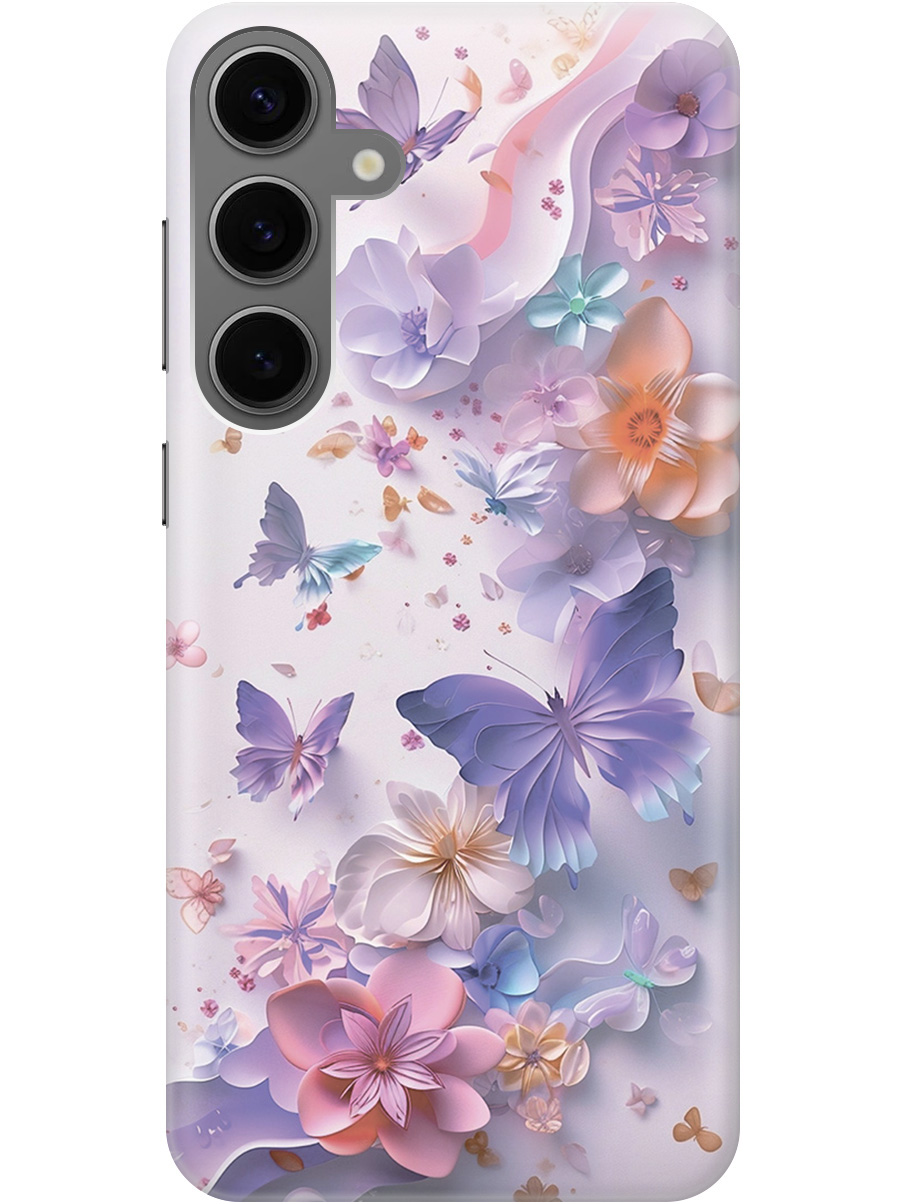

Силиконовый чехол на Samsung Galaxy S24+ с принтом "Фиолетовые бабочки и бумажные цветы", Прозрачный;розовый;фиолетовый, 779824622