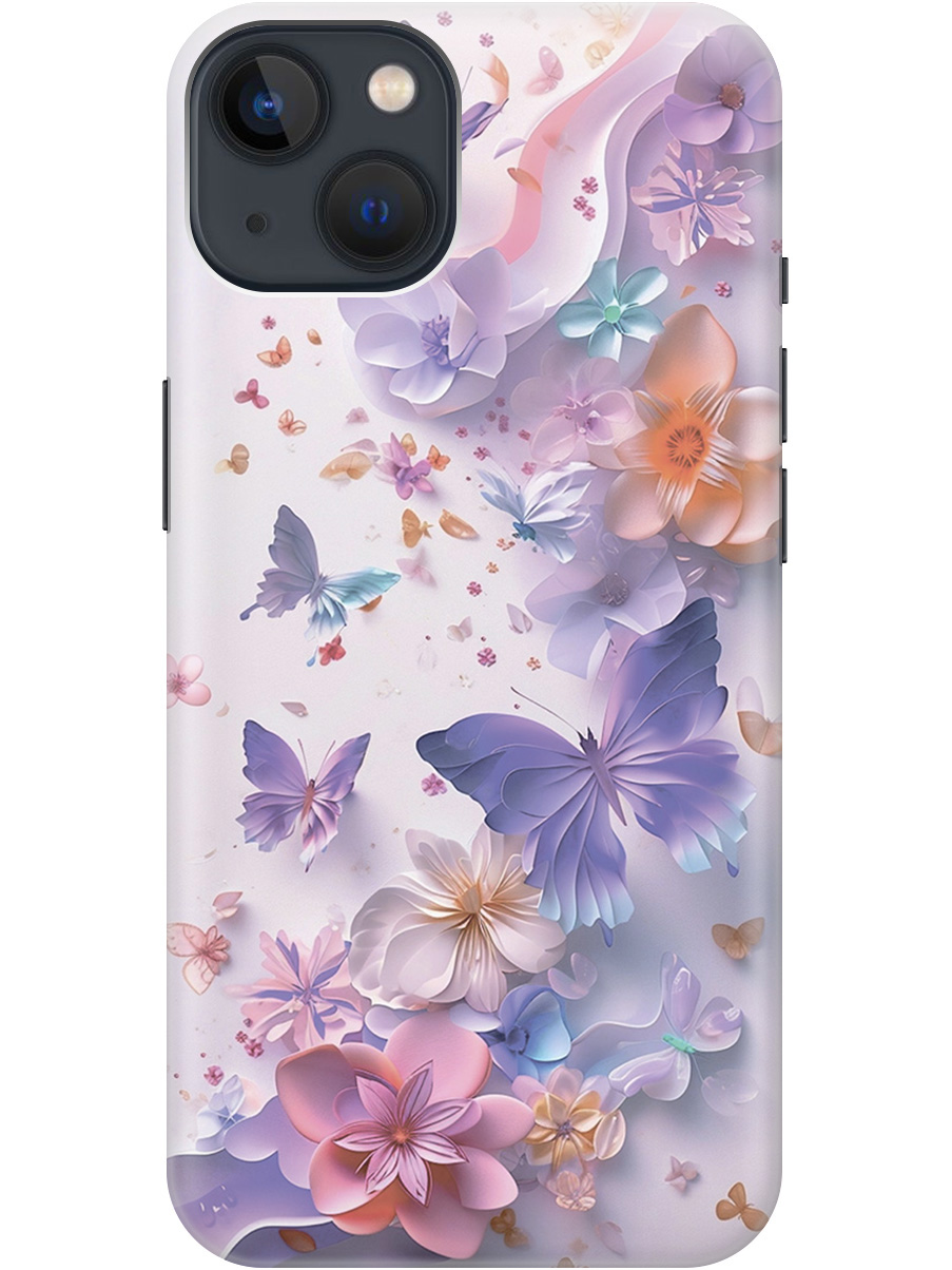

Силиконовый чехол на Apple iPhone 13 с принтом "Фиолетовые бабочки и бумажные цветы", Прозрачный;розовый;фиолетовый, 732240922