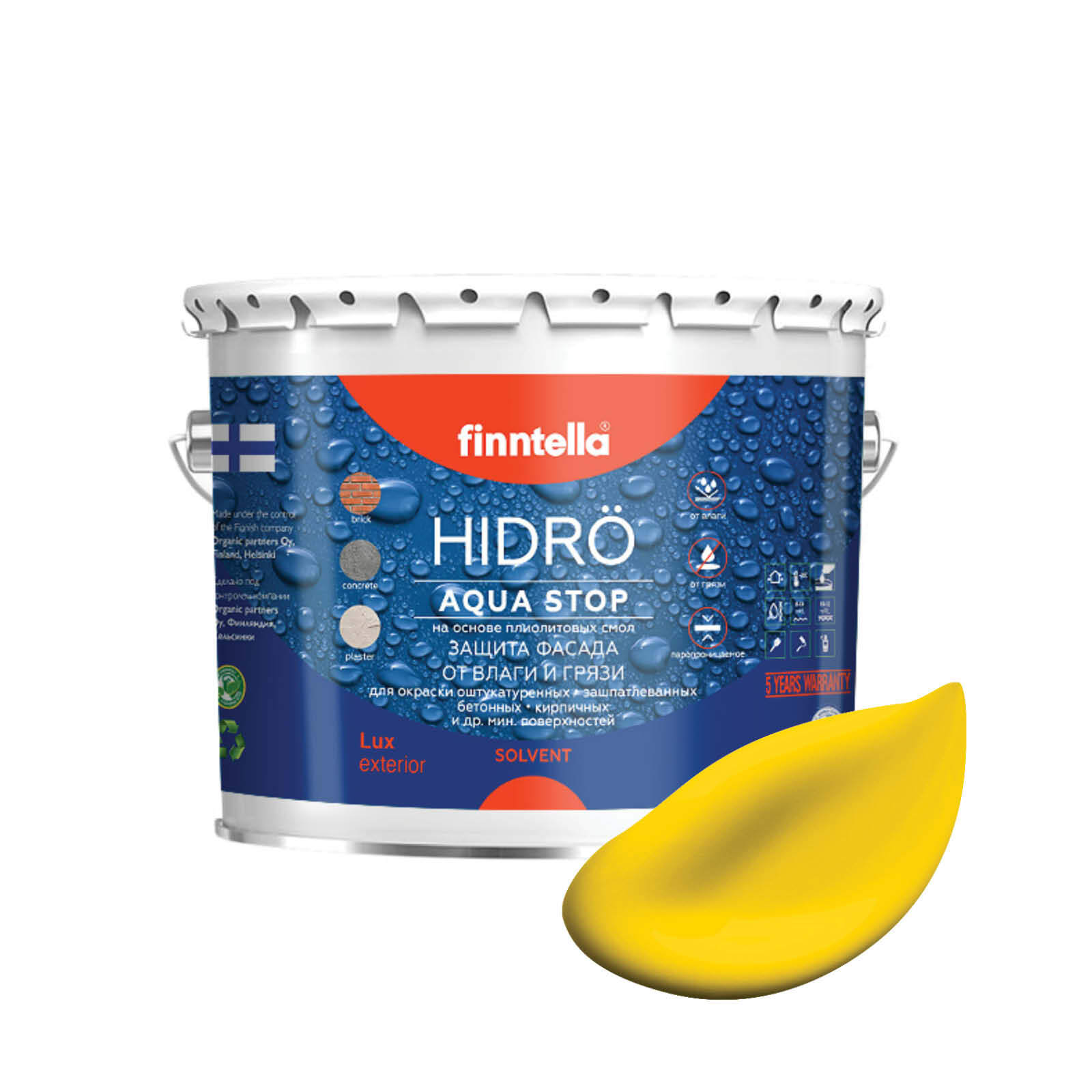 

Краска HIDRO , KELTAINEN жёлтый, 2,7л, Желтый, HIDRO самоочищающаяся фасадная со свойствами лотоса, плиолит-полиуретановая