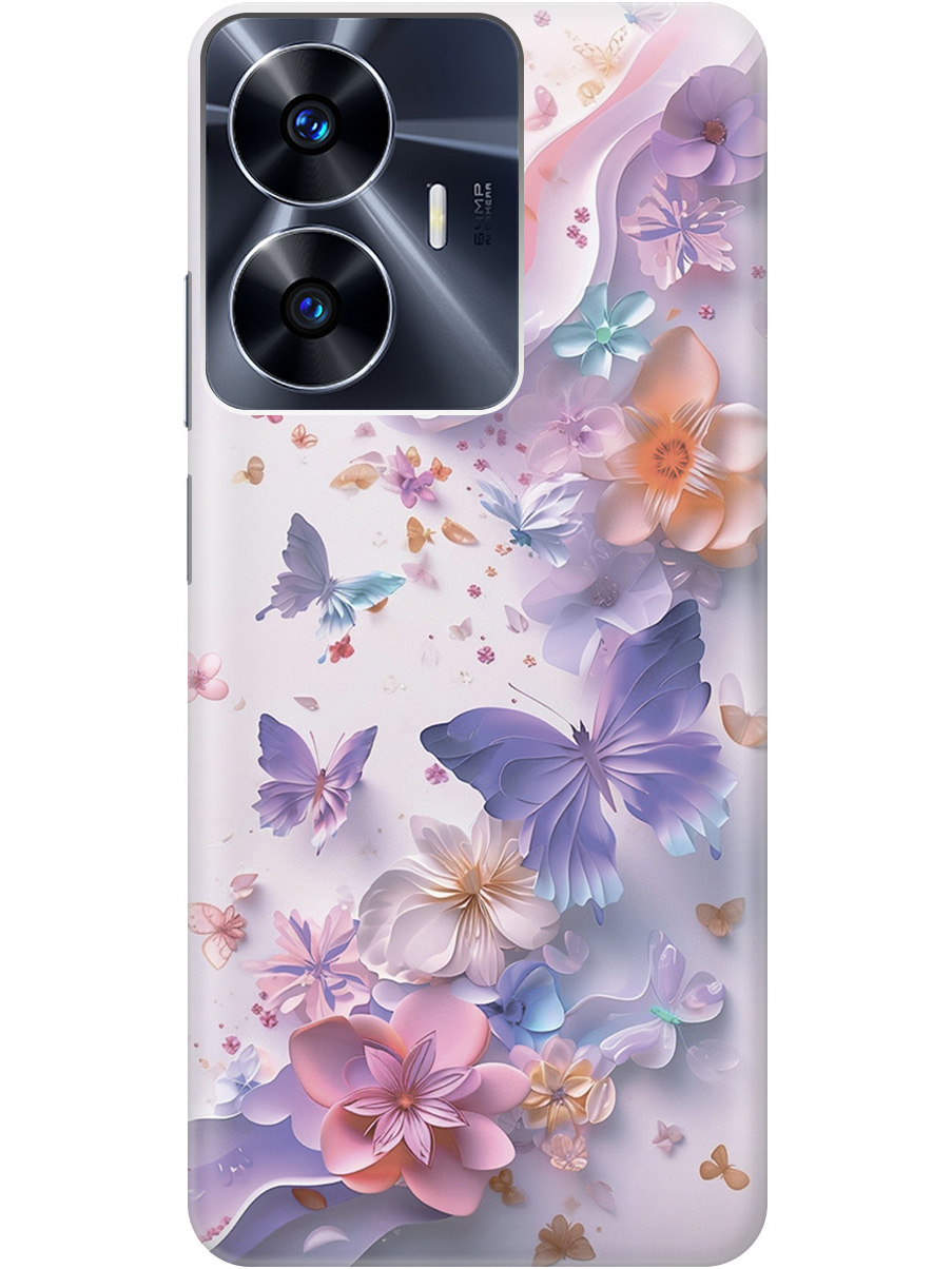 

Силиконовый чехол на Realme C55 с принтом "Фиолетовые бабочки и бумажные цветы", Прозрачный;розовый;фиолетовый, 768742722
