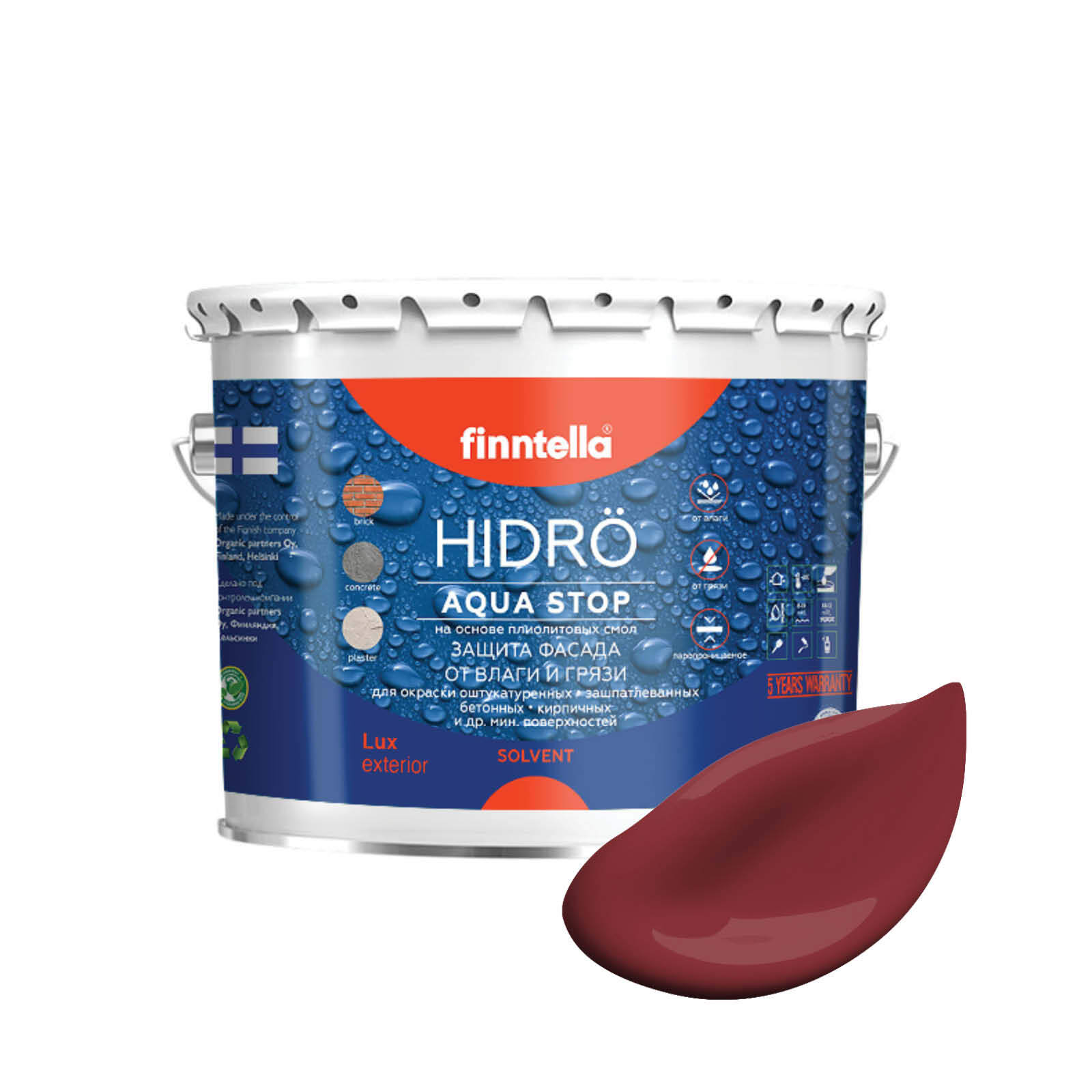 

Краска HIDRO , VIININPU финский бордовый, 2,7л, HIDRO самоочищающаяся фасадная со свойствами лотоса, плиолит-полиуретановая