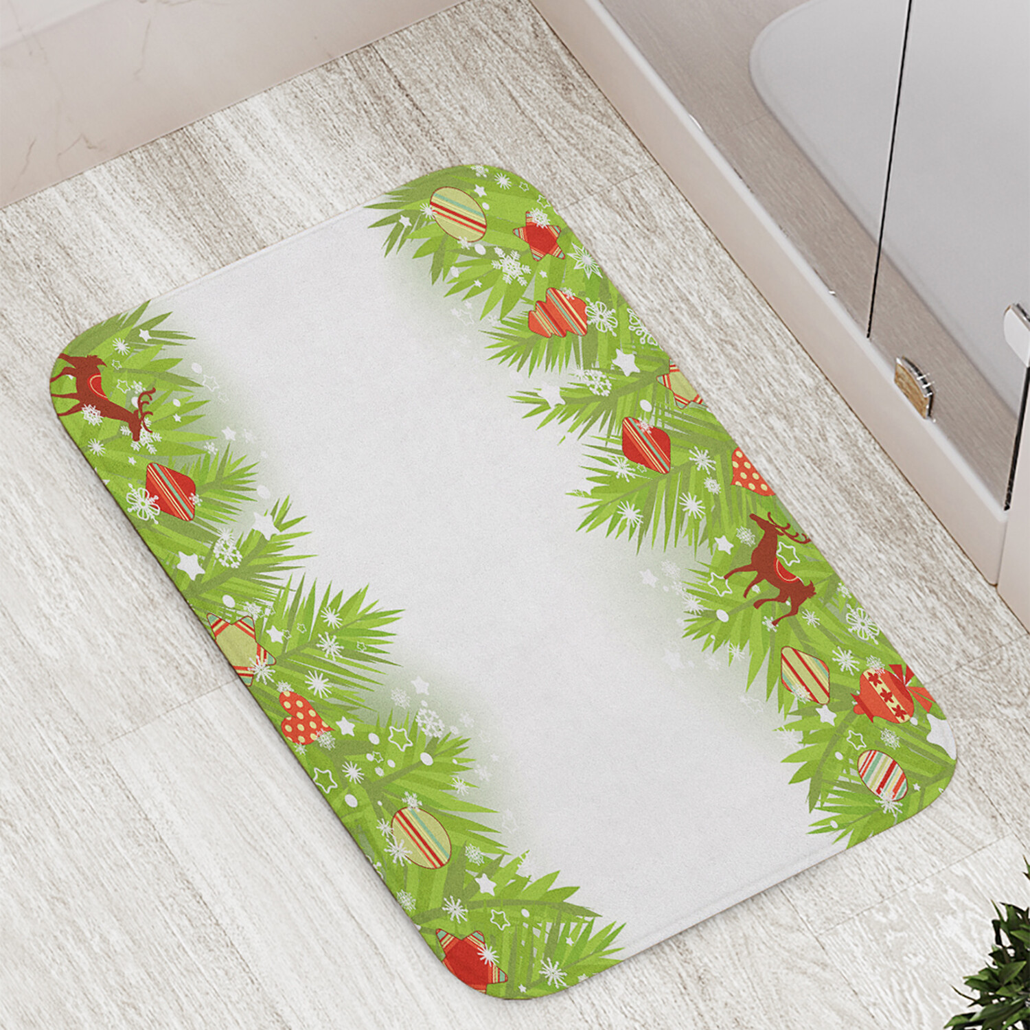 

Коврик JoyArty "Игрушки на снежных елях" для ванной сауны бассейна 77х52 см, Игрушки на снежных елях