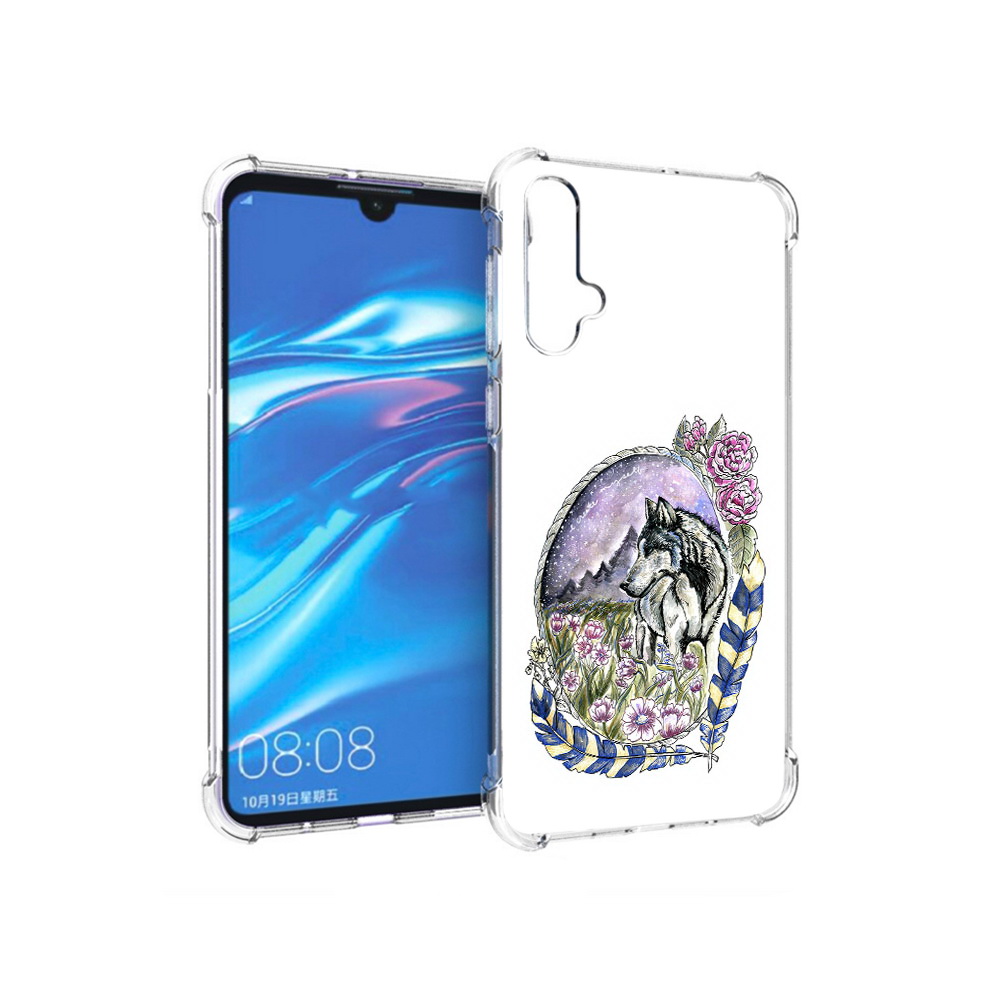 

Чехол MyPads Tocco для Huawei Nova 5 нарисованный волк в цветах с перьями, Прозрачный, Tocco