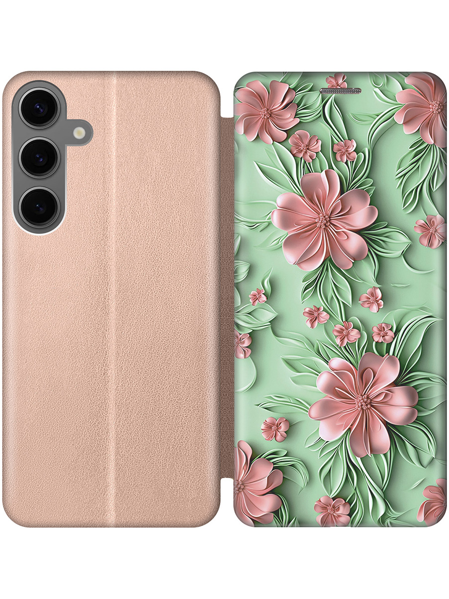 

Чехол-книжка на Samsung Galaxy S24+ с принтом "Розовые цветы на мятном фоне" золотой, Золотистый;зеленый;розовый, 779824621
