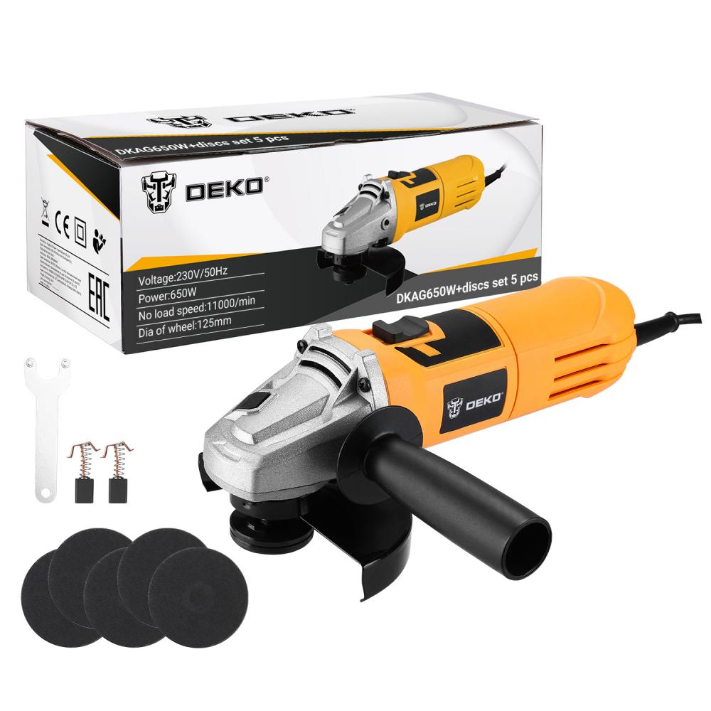 

Углошлифовальная машина DEKO DKAG650W+набор дисков 5 шт., DKAG650W + 5 discs