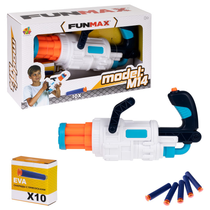 Бластер игрушечный 1toy Funmax M14 6 стволов, в комплекте 10 снарядов с присосками