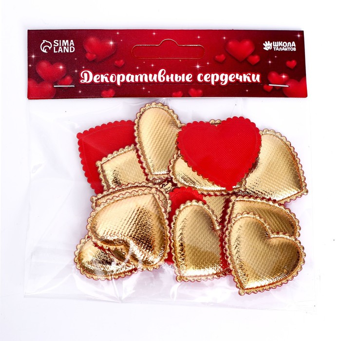 Сердечки декоративные, набор 15 шт., размер 1 шт: 3,5 х 3 см, цвет красный,золото