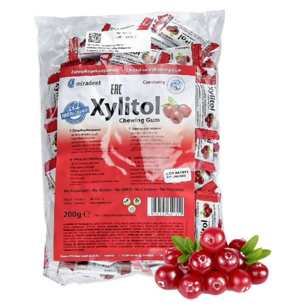 

Жевательная резинка Miradent Xylitol со вкусом клюквы, 100 саше х 2 шт