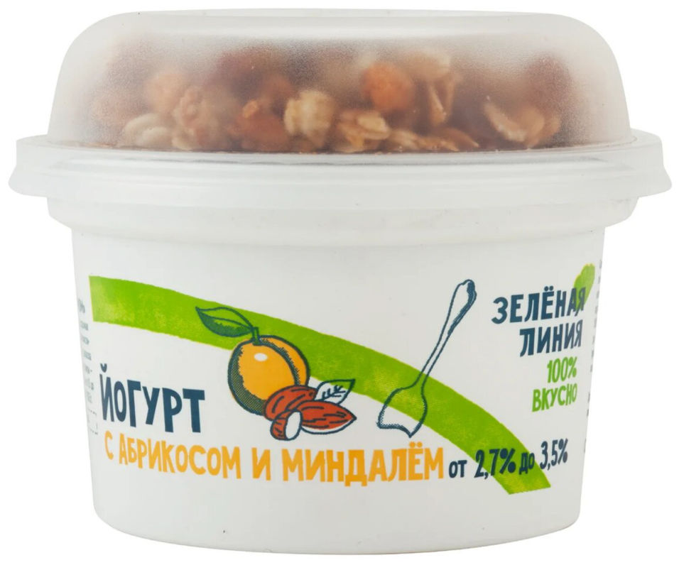 

Йогурт Зеленая линия с абрикосом миндалем и гранолой с изюмом 2.7-3.5% 215г