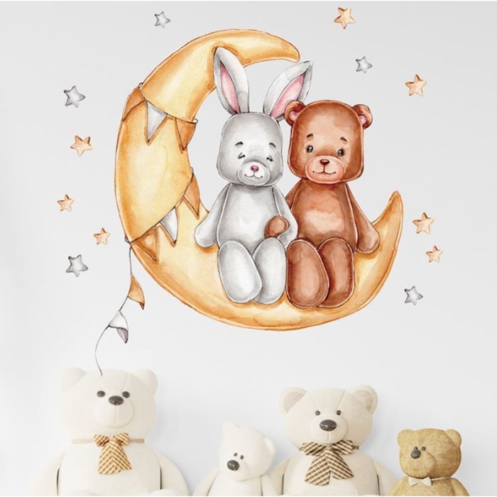 

Наклейка пластик интерьерная цветная Зайка и мишка на месяце 45х60 см, Коричневый