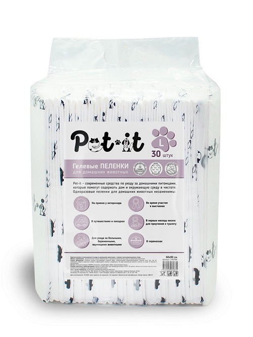 Пеленки Pet-it для домашних животных, гелевые, р-р L, 60х90 см, 30 шт, белый