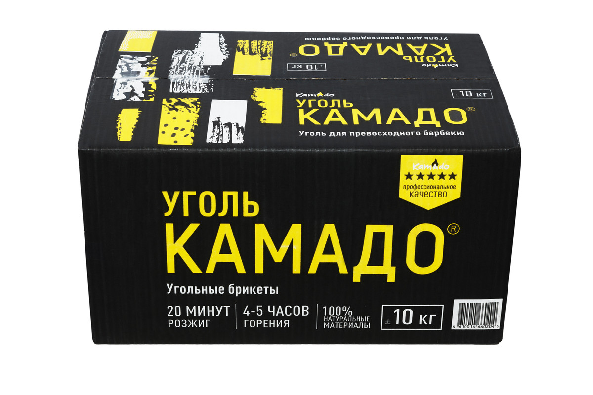 

Древесный уголь КАМАДО, 10кг, Черный, ПРЕМИУМ КОРОБКА