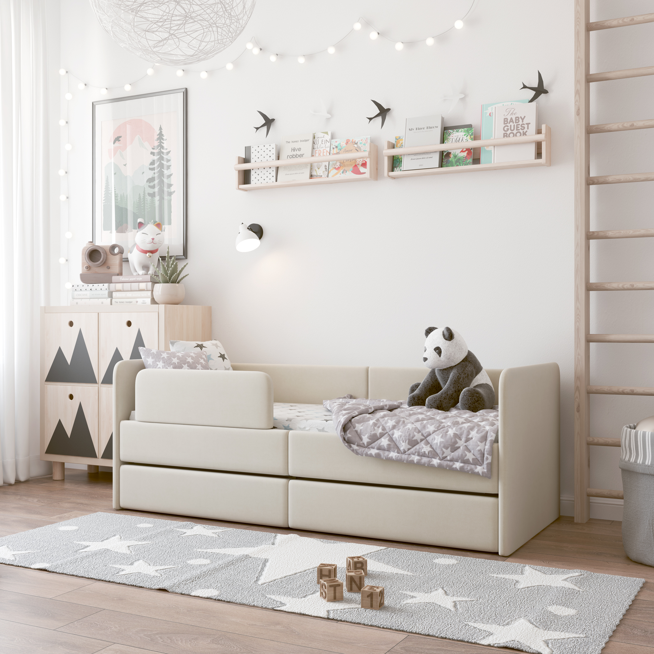 Кровать детская Romac Donny k c бортиком с ящиками с матрасом кремовая тахта 1200_210_Н