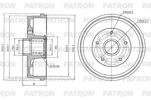 Барабан тормозной RENAULT Duster 4x2/Kaptur 1,6 (+ подшипник,+ кольцо ABS) PATRON PDR1014