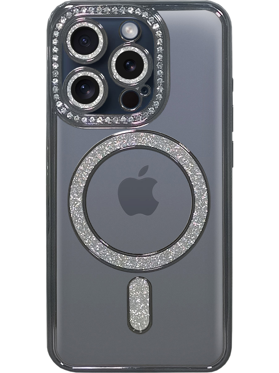 

Силиконовый чехол на Apple iPhone 15 Pro MagSafe со стразами черный, 775148074