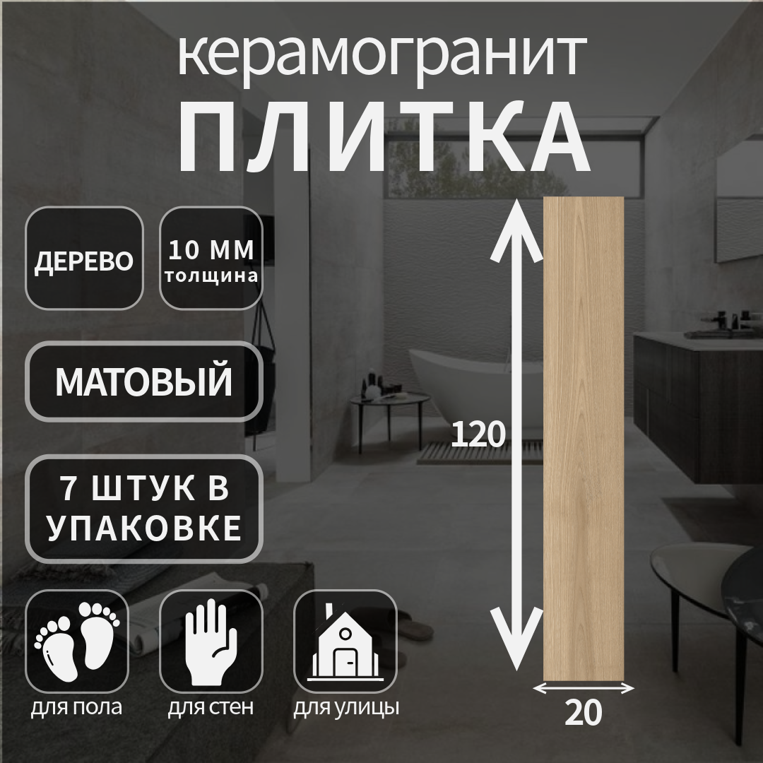 Керамогранит Kerranova K-522, коллекция: Madera, матовый, 20x120x10