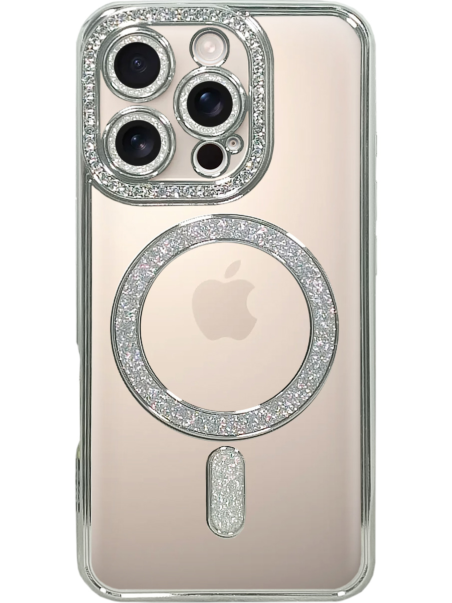 

Силиконовый чехол на Apple iPhone 16 Pro MagSafe со стразами серебристый, 785197774