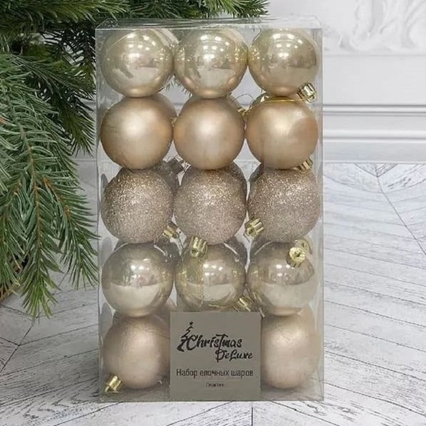 

Набор елочных шаров Christmas DeLuxe белое золото 6 см 30 шт, Белый
