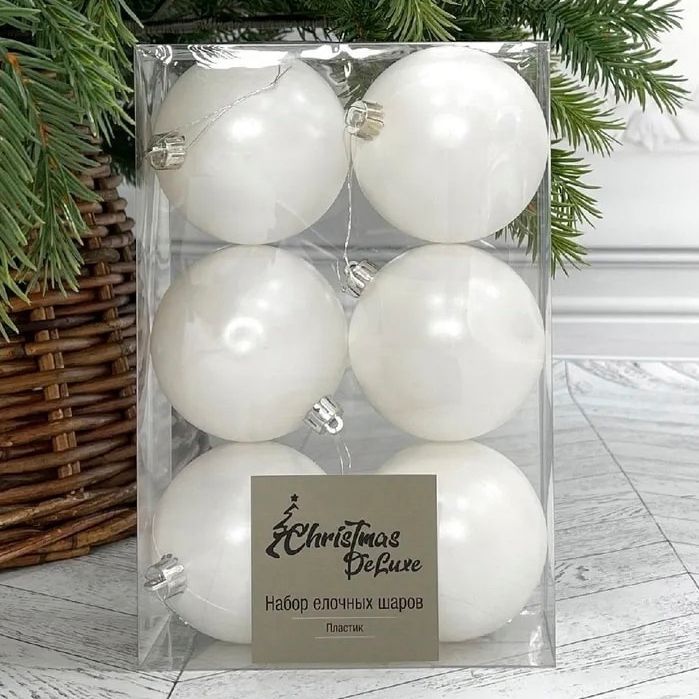 

Набор елочных шаров Christmas DeLuxe глянцевый блестящий белый 8 см 6 шт