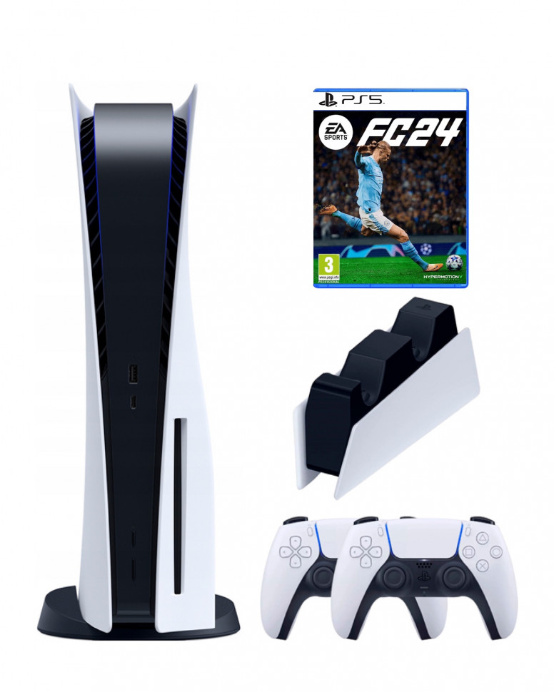 

Приставка Sony PlayStation 5+2-ой геймпад+зарядное+ FC24 (диск), Белый;черный