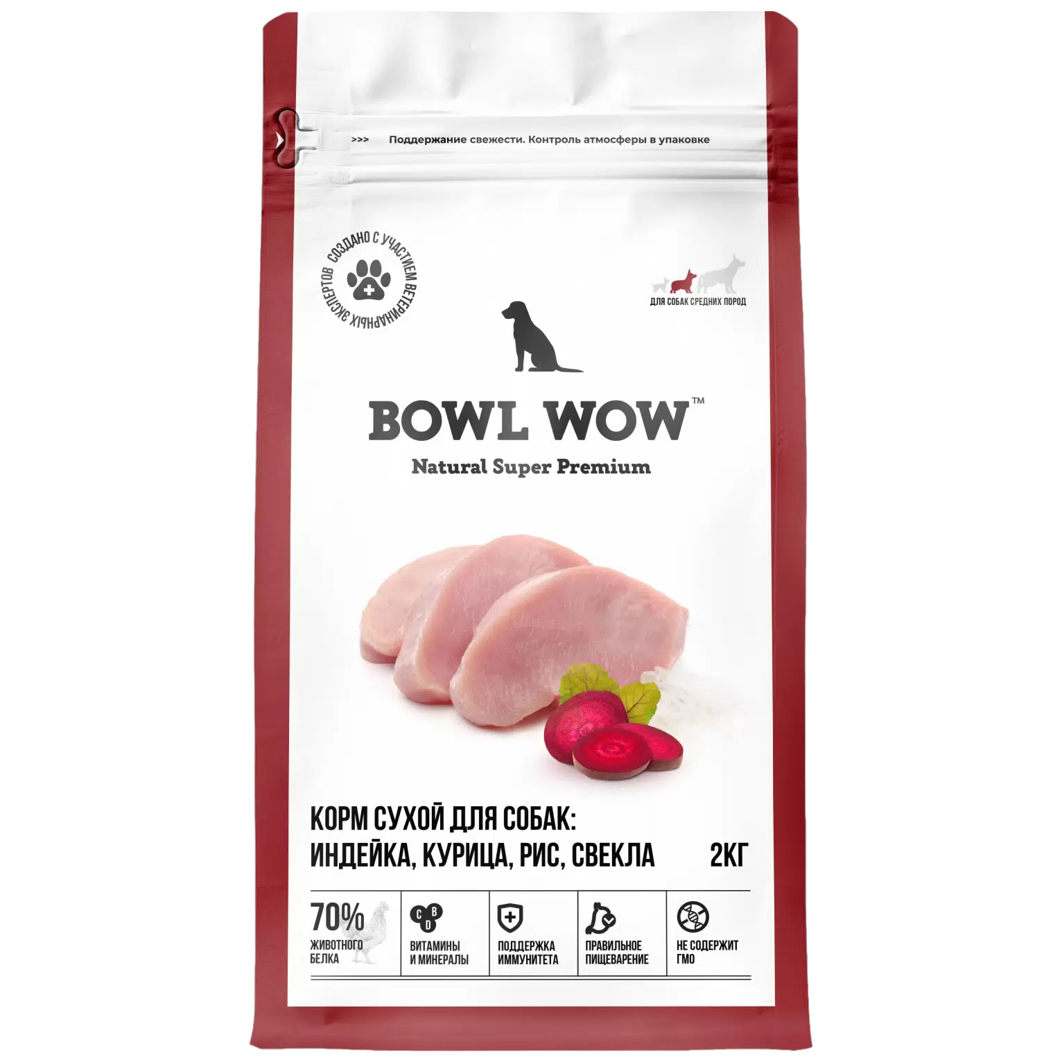 Сухой корм для собак Bowl Wow, для средних пород, индейка, курица, рис и свекла, 2 кг