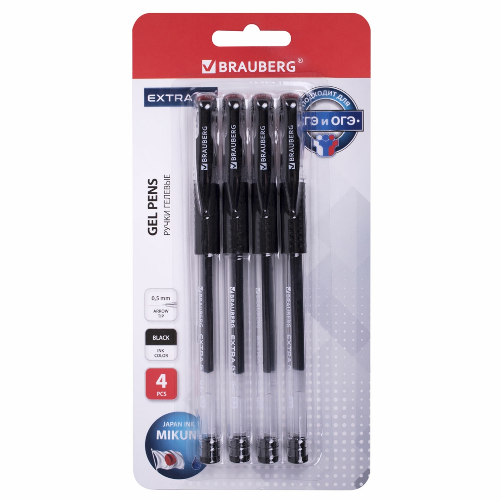 

Ручки гелевые с грипом BRAUBERG "EXTRA GT", черные, 4шт., линия 0,35 мм, 143924