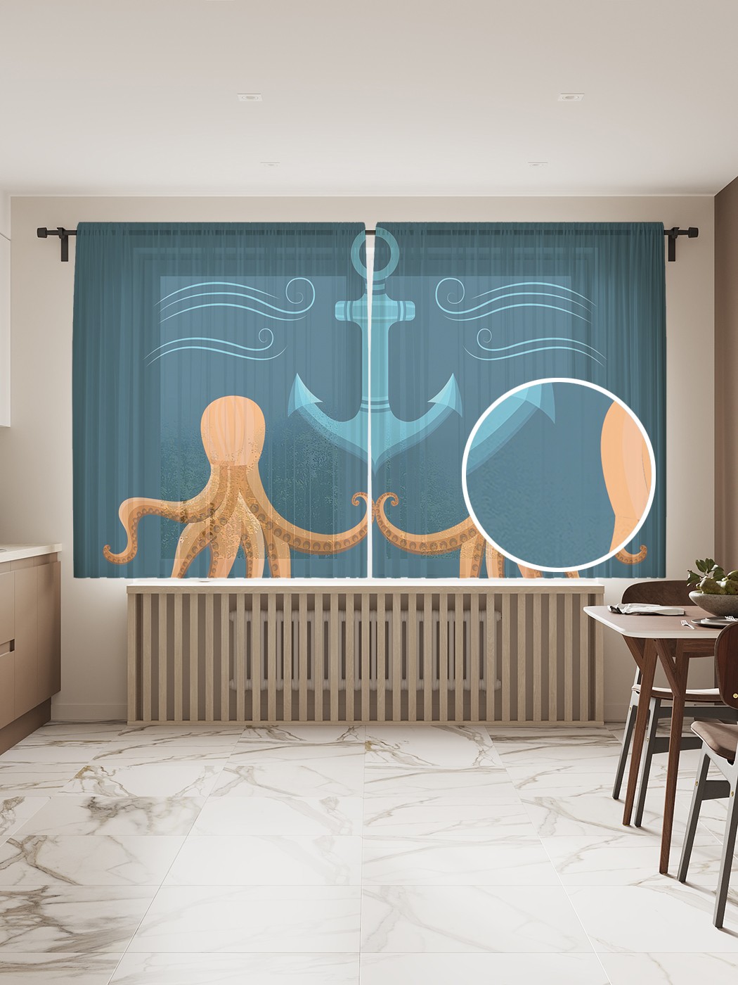 

Фототюль JoyArty "Осьминоги и якорь" 145x180см (2 полотна со шторной лентой + 50 крючков), Осьминоги и якорь