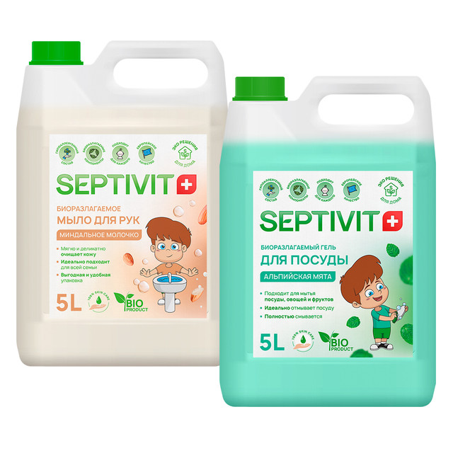 фото Набор гель для посуды альпийская мята + мыло миндальное молочко septivit premium 5л х 2