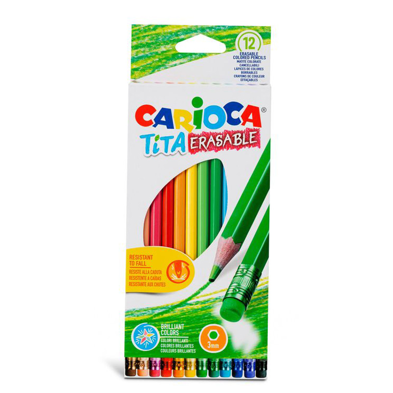

Карандаши цветные Carioca пластиковые Tita Erasable с ластиком, 12 цв., Разноцветные
