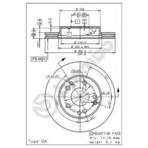 фото Тормозной диск передний brembo 09729120 для mercedes 190 (w201) w201