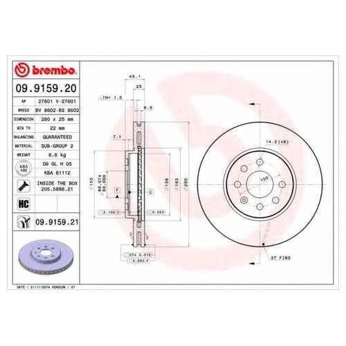 фото Тормозной диск передний brembo 09915920 для opel astra