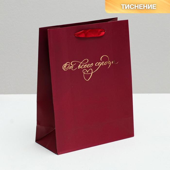 

Пакет ламинированный вертикальный От всего сердца, S 12  15  5,5 см, с тиснением, Бордовый