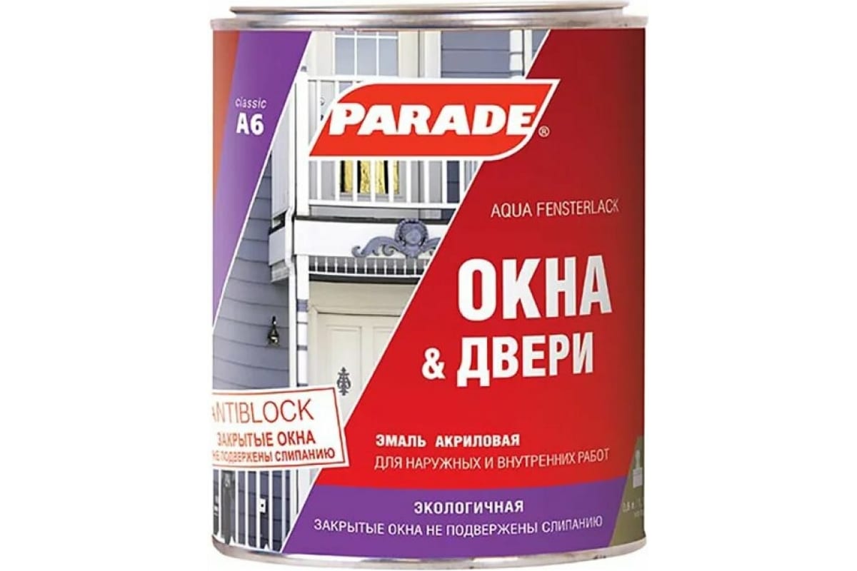 

Эмаль акриловая Parade A6 Окна & Двери полуглянцевый белый 0,9 л