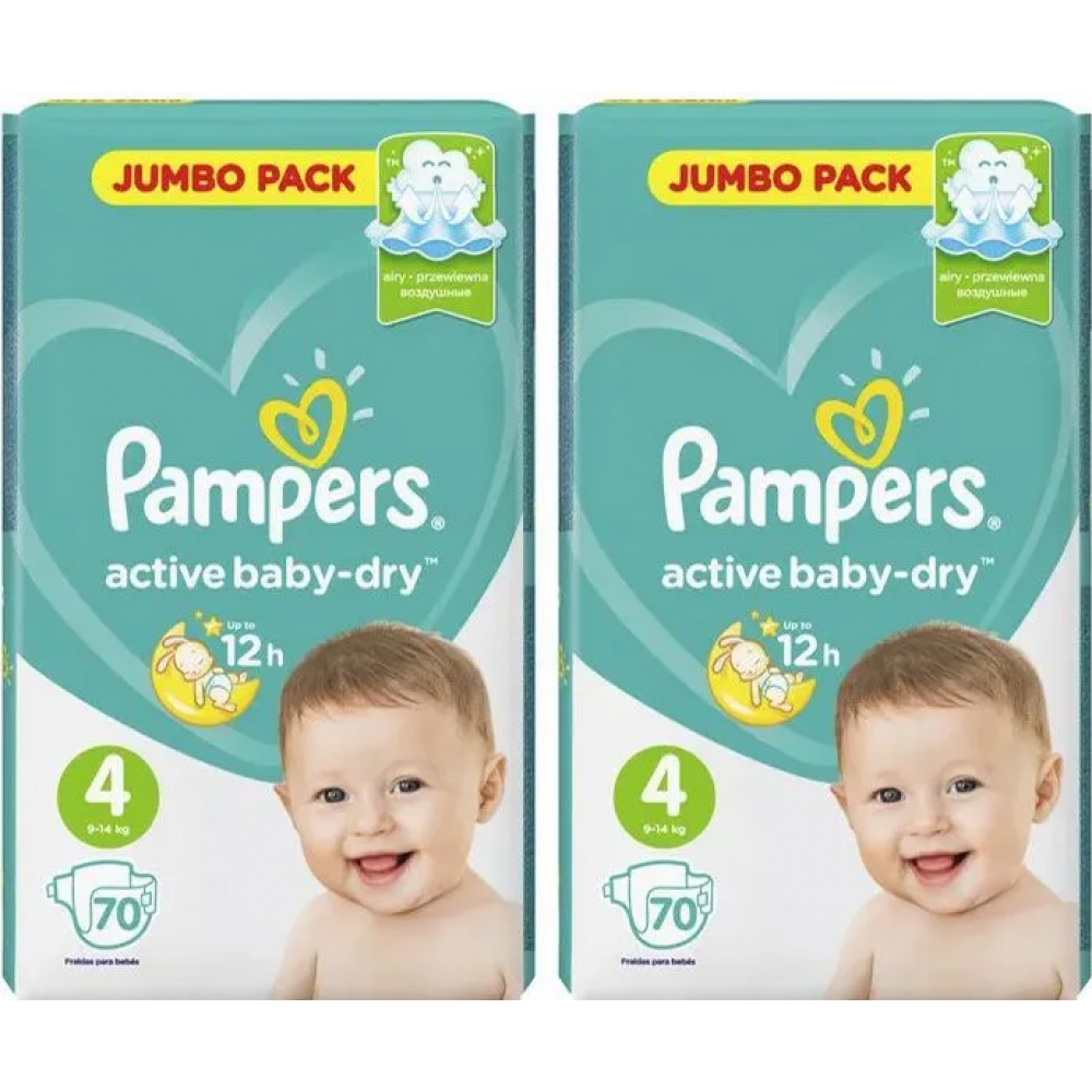 Подгузники Pampers Active Baby-Dry Maxi 9-14 кг Джамбо 70+70 140 шт развивающая игрушка неваляшка для малышей слоник джамбо
