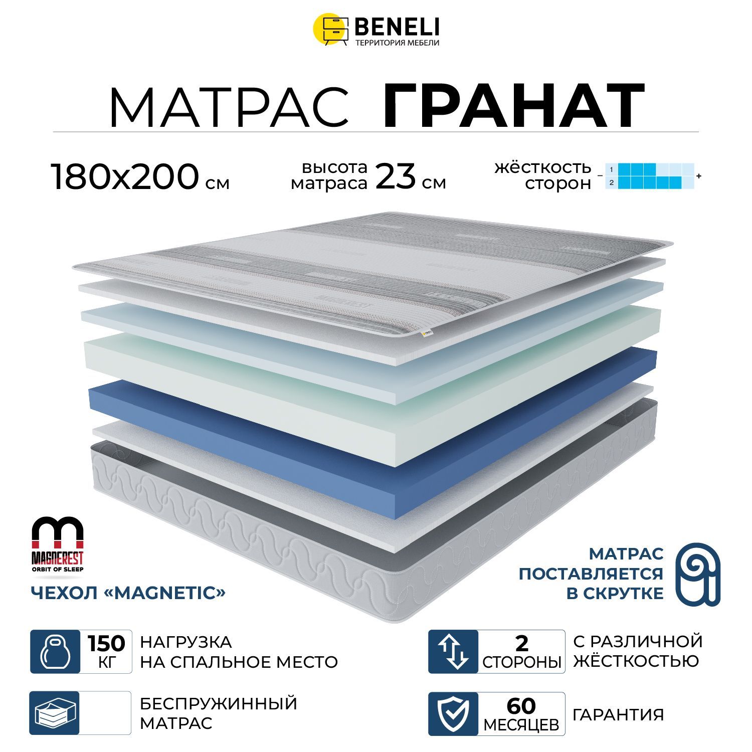 

Ортопедический матрас Beneli Гранат в чехле Магнетик в скрутке, высота 24 см, 180х200 см, ГРАНАТ MAGNETIC скрутка