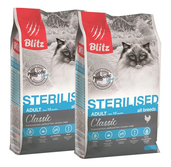 фото Сухой корм для кошек blitz classic adult cat sterilised с курицей 2шт по 2кг