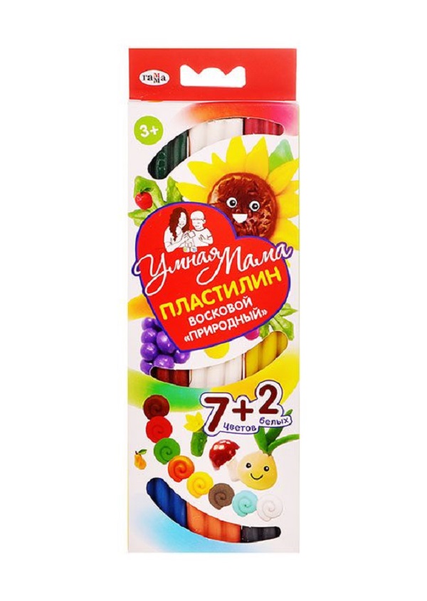 

Пластилин восковой 7 цв. Гамма Умная Мама природных +2 белых 282000