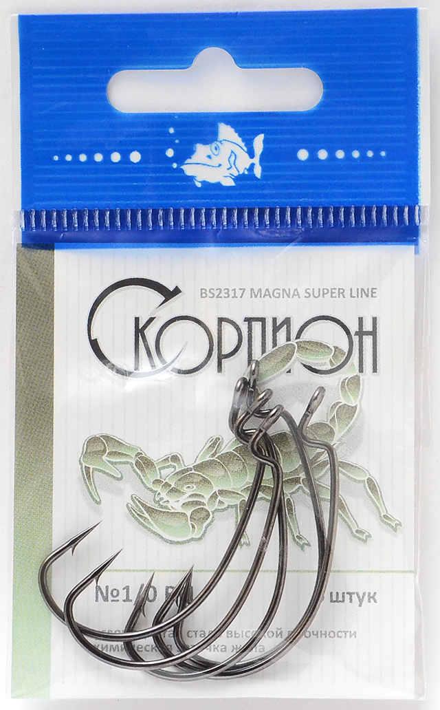 

Одинарные крючки лимерик офсетные №1/0, оголовок с колечком, прямое острие, с бородкой, Черный, Magna Super Line