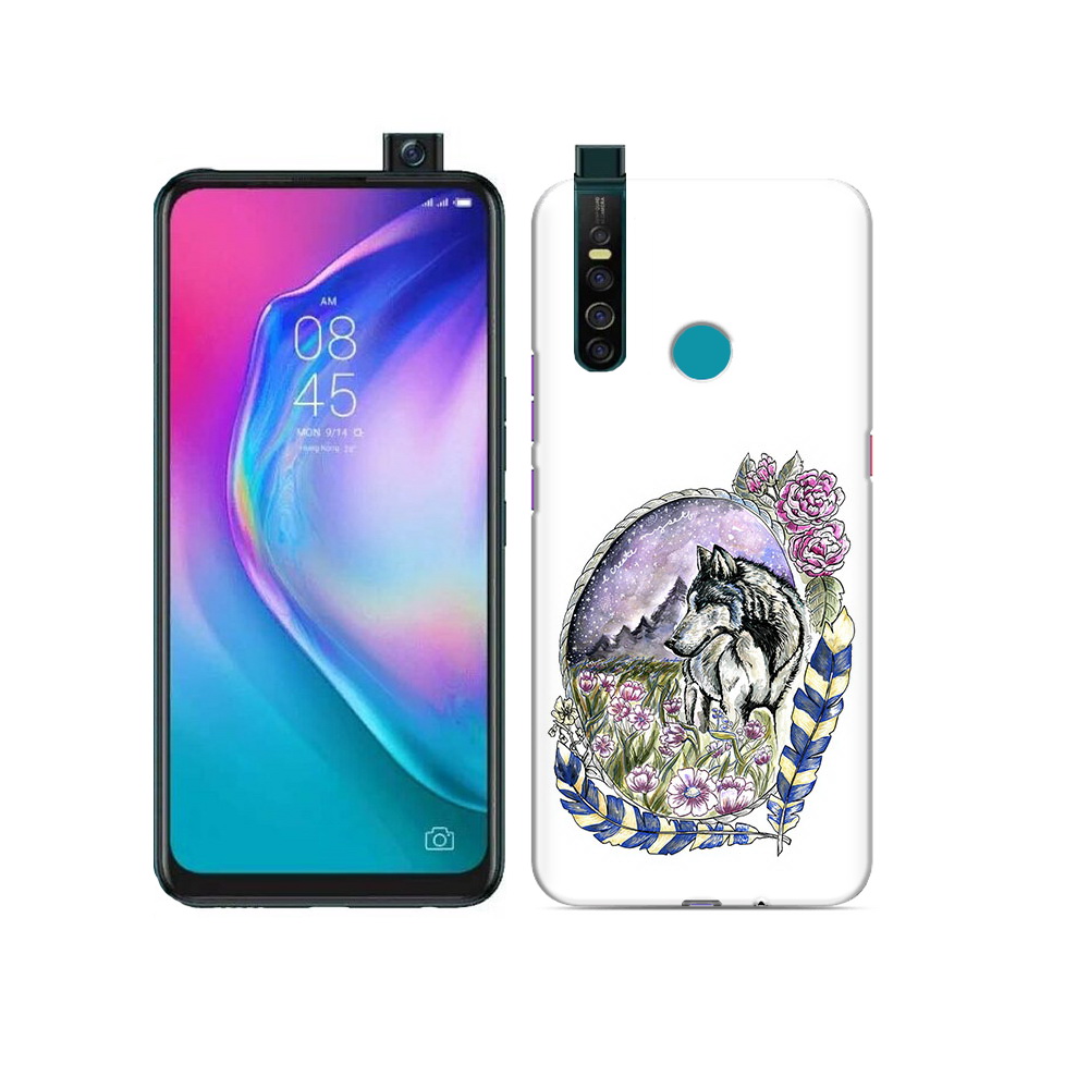 Чехол MyPads Tocco для Tecno Camon 15 Pro нарисованный волк в цветах с перьями
