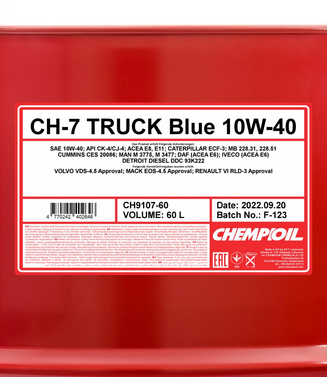 фото 10w-40 ch-7 truck blue ck-4/ cj-4, e6/ e9 20л (синт. мотор. масло) champion ch9107-20