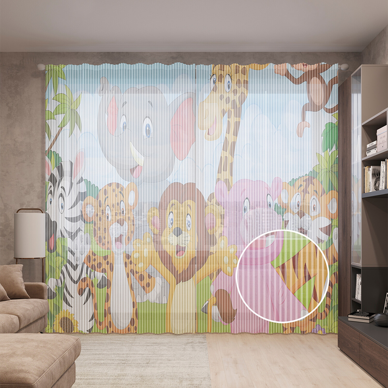 

Тюль вуаль на шторной ленте с принтом JoyArty "Животные джунглей", 310х265 см, Животные джунглей