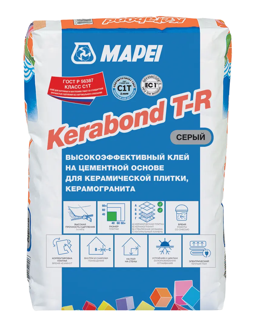 Клей для плитки Mapei Kerabond T-R 25 кг клей для плитки керамик волма 25 кг
