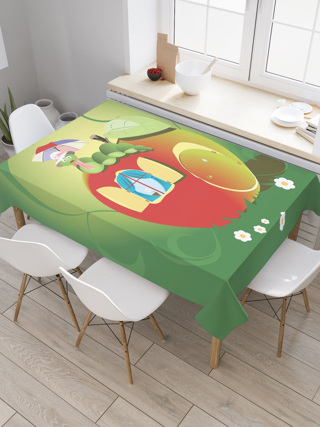 

Скатерть прямоугольная JoyArty "Червячок в яблоке" из сатена, 180x145 см, Зеленый, Червячок в яблоке