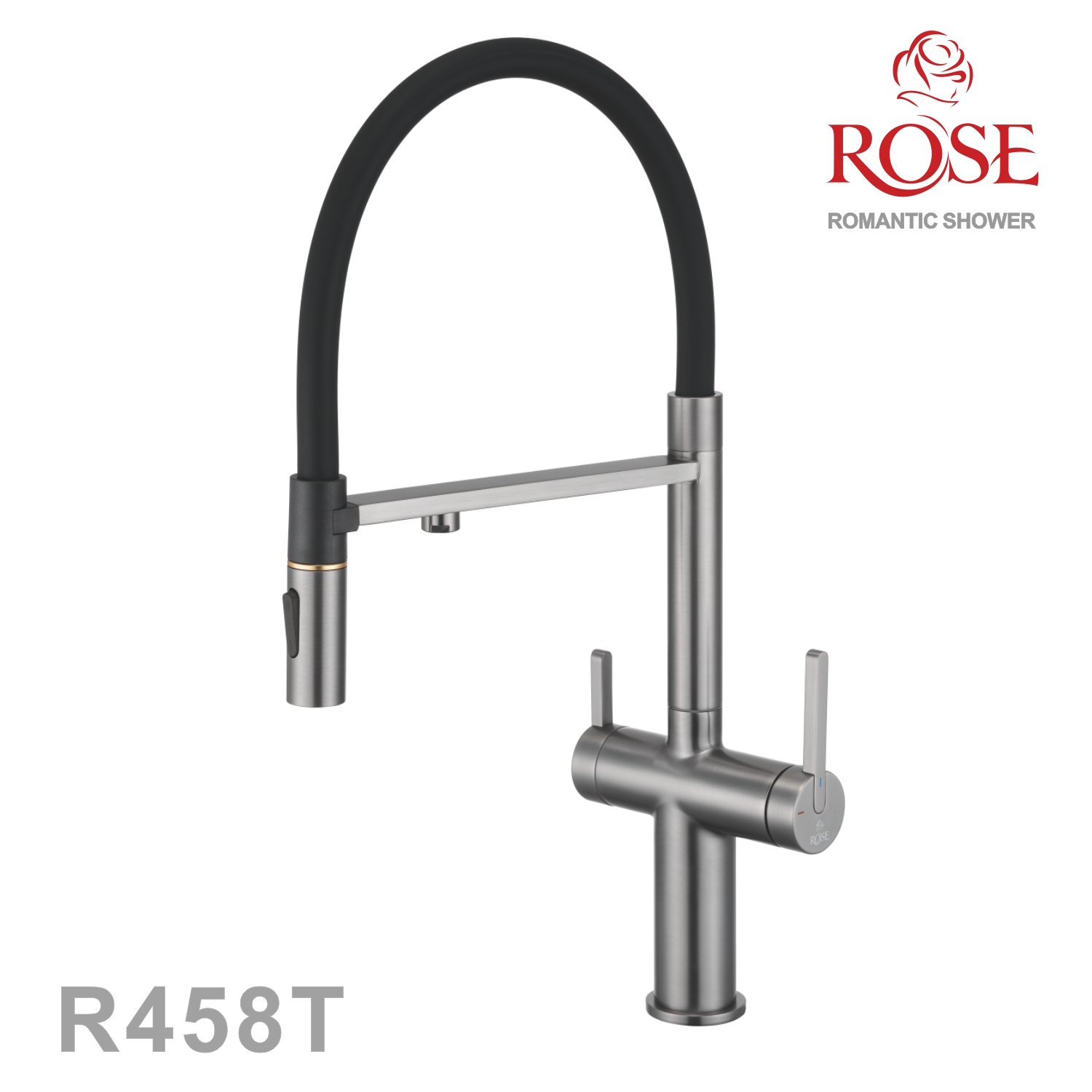 

Смеситель для кухни с гибким изливом и подключением фильтра Rose R458T оружейная сталь, Серый, R458