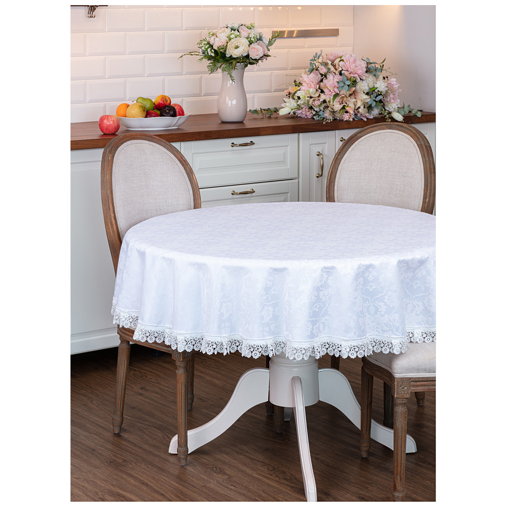 

Скатерть круглая Santalino ричард d160см, 100% п/э, с кружевом,белый,жаккард завиток