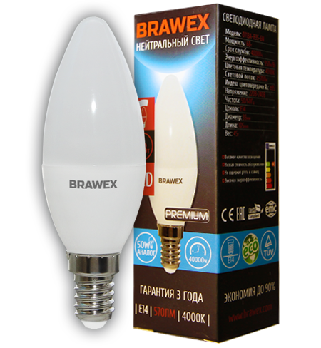 

Светодиодная лампа BRAWEX свеча 7Вт 4000К B35 Е14 диммируемая 0713A-B35-7N DIM