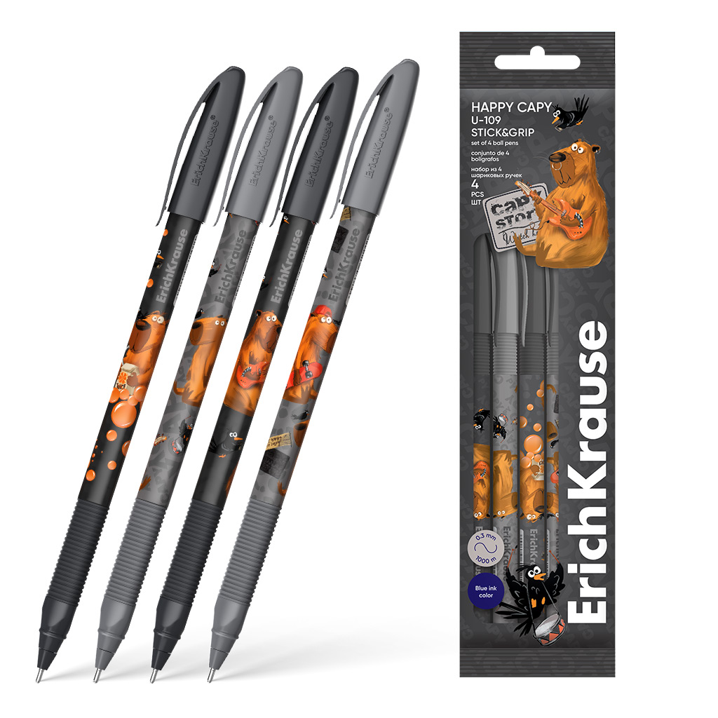 

Набор из 4 ручек шариковых EK U-109 Stick&Grip Happy Capy 61102 10, цвет чернил синий