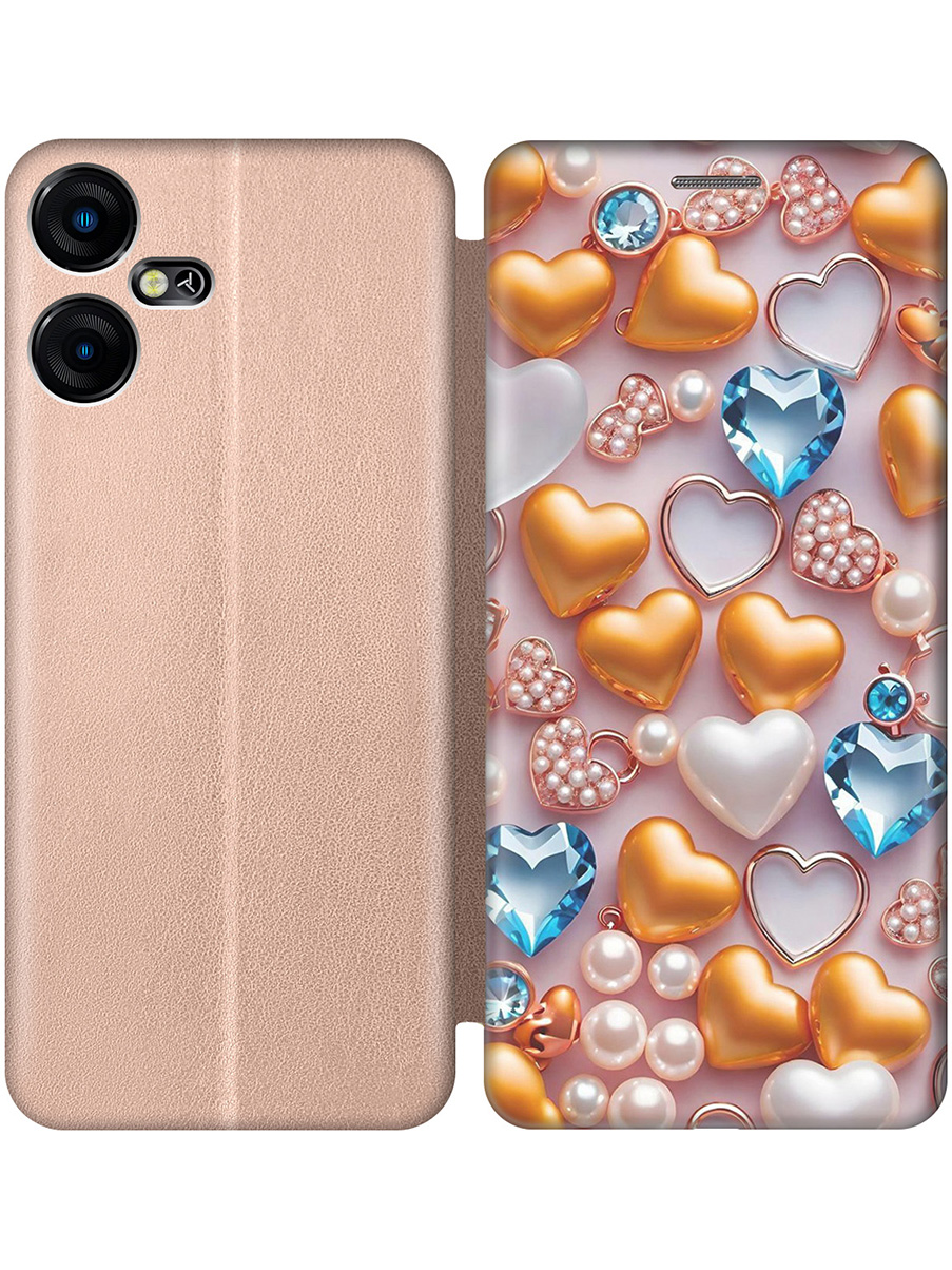

Чехол-книжка на Tecno Pova Neo 3 с принтом "Украшения и сердечки" золотой, Золотистый;белый;голубой, 778683591