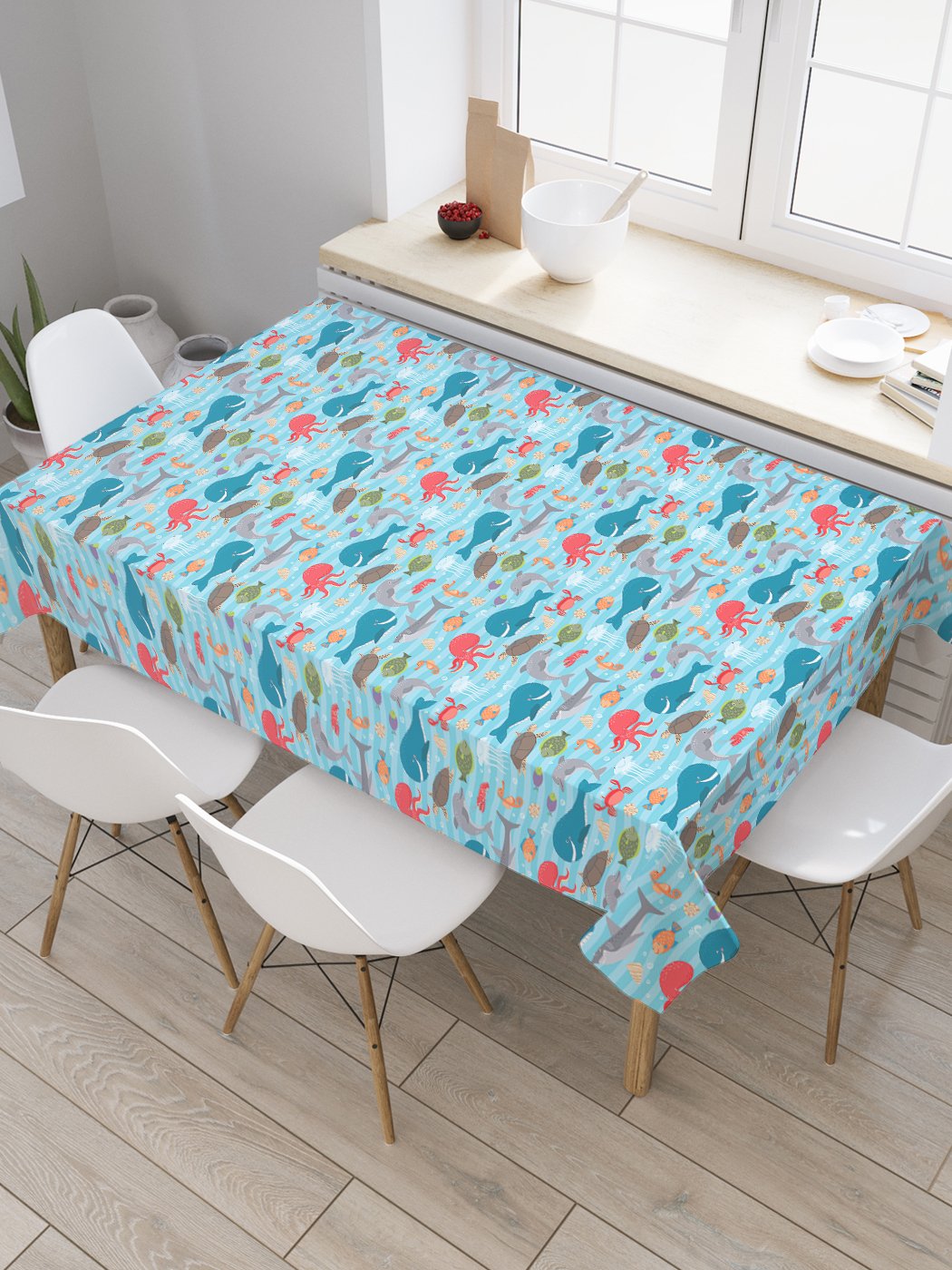 

Скатерть прямоугольная JoyArty "Веселый кит" из сатена, 180x145 см, Голубой, Веселый кит